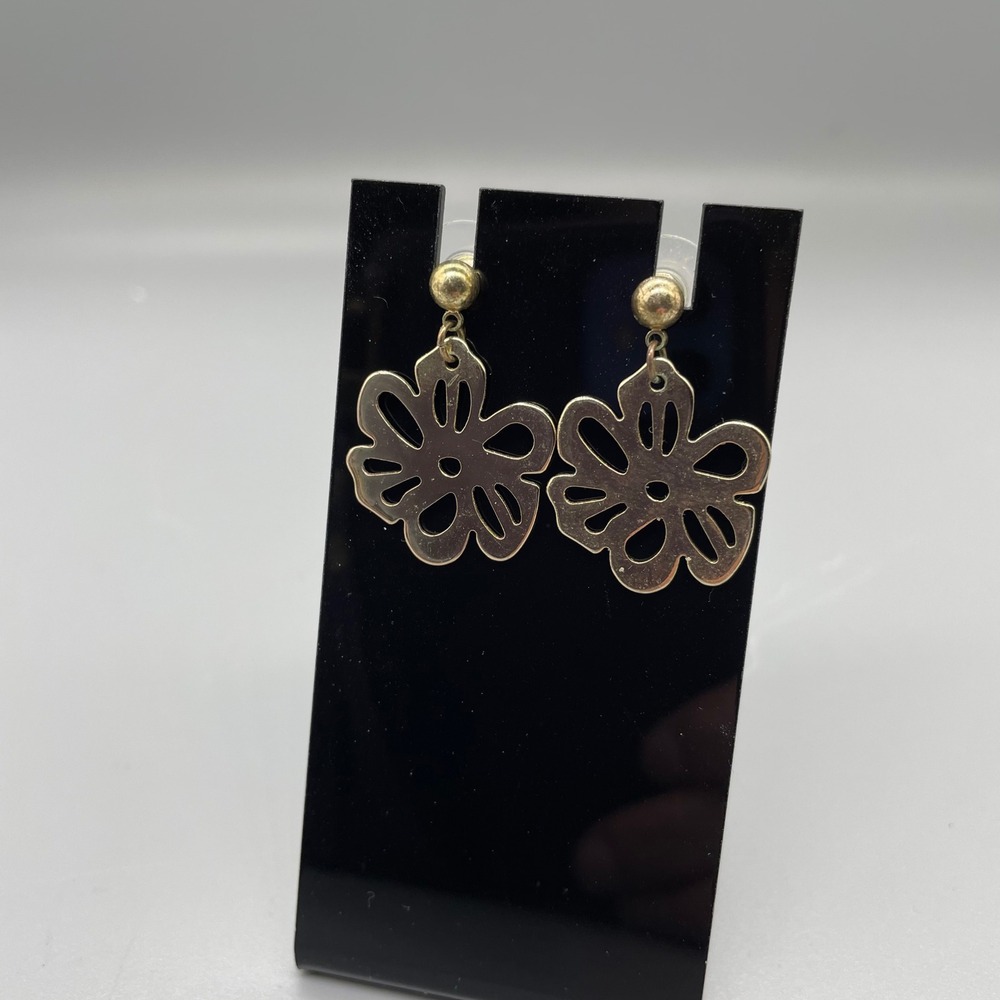 Gold Tone Flower Dangle Earrings Openwork Floral Drop Ball Stud Post Boho